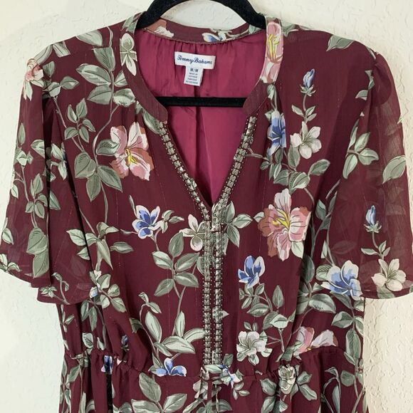 Tommy Bahama Midi Dress Women M Painted Petal Burgundy Floral Bead Sheer Flutter - Picture 3 of 11